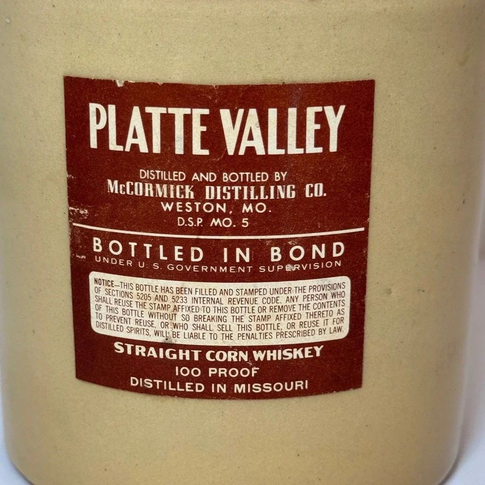 Vtg McCormick Platte Valley Straight Corn Whiskey Stoneware Jug 4/5 Quart *EMPTY